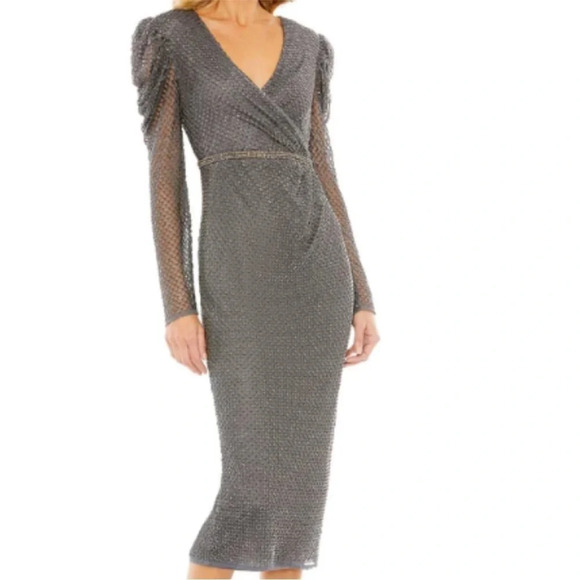 Mac Duggal Dresses & Skirts - NWT Mac Duggal Charcoal 94674 Beaded Wrap Over Puff Sleeve Midi Gown 12